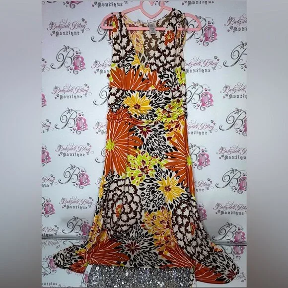 Floral dress cinching ribbon π tie shoulder stretchy slinky flowers hippie - Picture 1 of 12